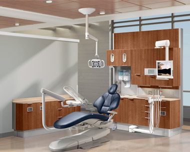 A-dec 400 dental chair with diplomat blue upholstery and A-dec Inspire dental cabinets thumbnail