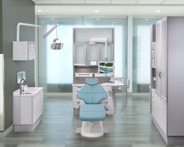 A-dec 500 with Cyan upholstery in A-dec Inspire dental cabinet operatory 
