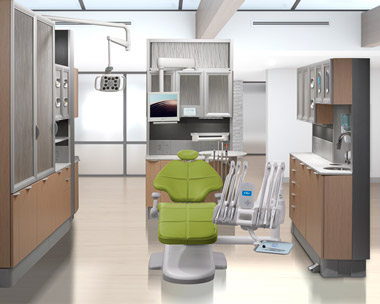 Parrot A-dec 500 dental chair with A-dec 500 delivery system and Inspire dental cabinets thumb