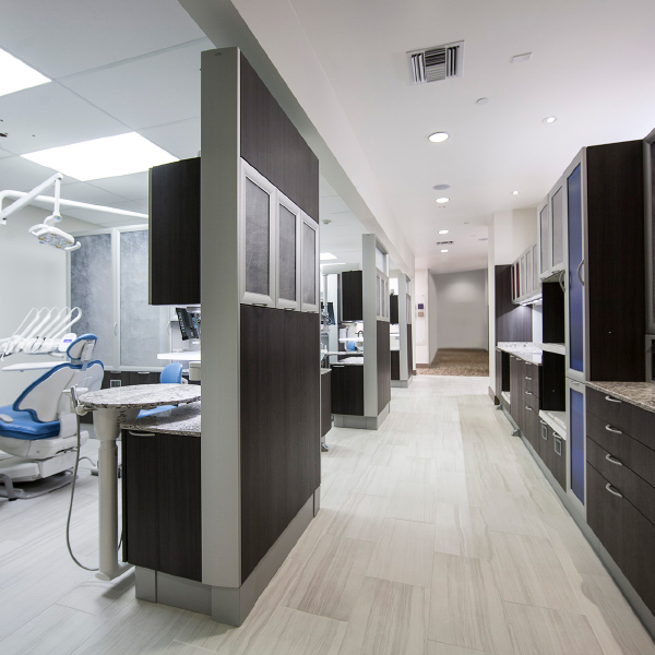 A-dec showroom with dental equipment and dental cabinets
