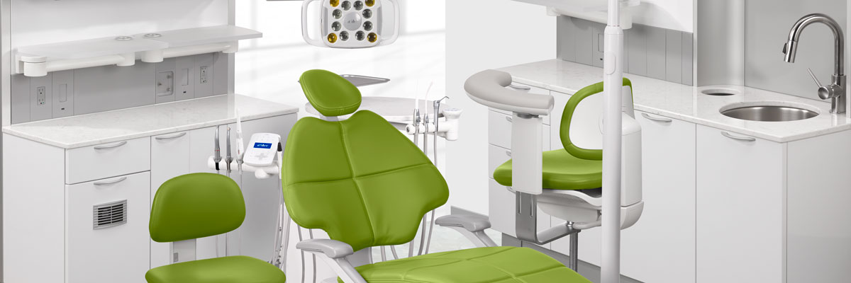 A-dec dental chair with parrot upholstery in dental operatory